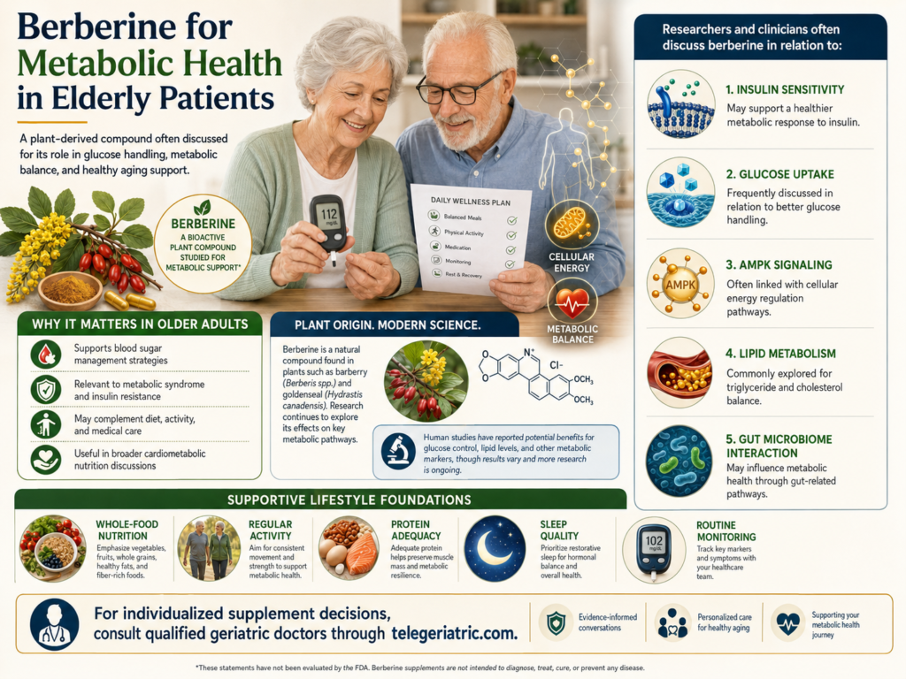 Berberine for metabolic health in elderly patients infographic showing senior couple monitoring blood sugar, with visuals for insulin sensitivity, glucose uptake, AMPK signaling, lipid metabolism, gut microbiome interaction, and healthy aging support.
