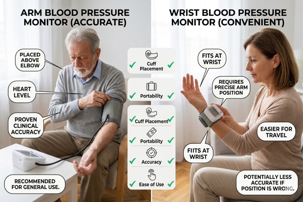 A side-by-side comparison chart showing an arm blood pressure monitor labeled as accurate vs a wrist blood pressure monitor labeled as convenient, with callouts for placement, clinical accuracy, and portability.