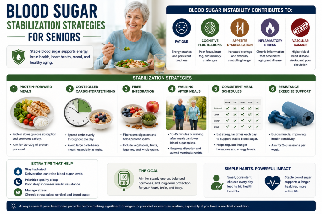 Blood sugar stabilization strategies for seniors infographic showing protein-forward meals, controlled carbohydrate timing, fiber integration, walking after meals, consistent meal schedules, resistance exercise support, and healthy aging glucose management.