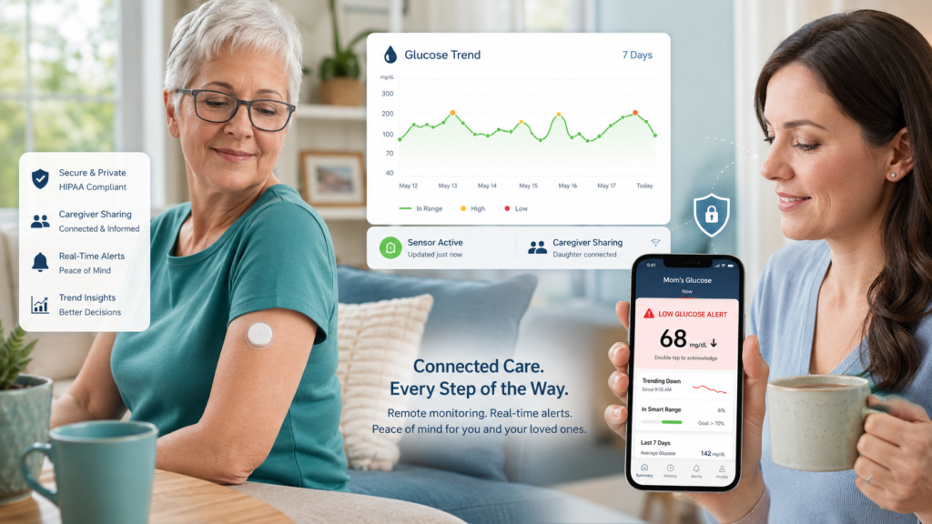Caregiver receiving a low glucose alert from a senior’s CGM sensor through a remote glucose monitoring app at home.