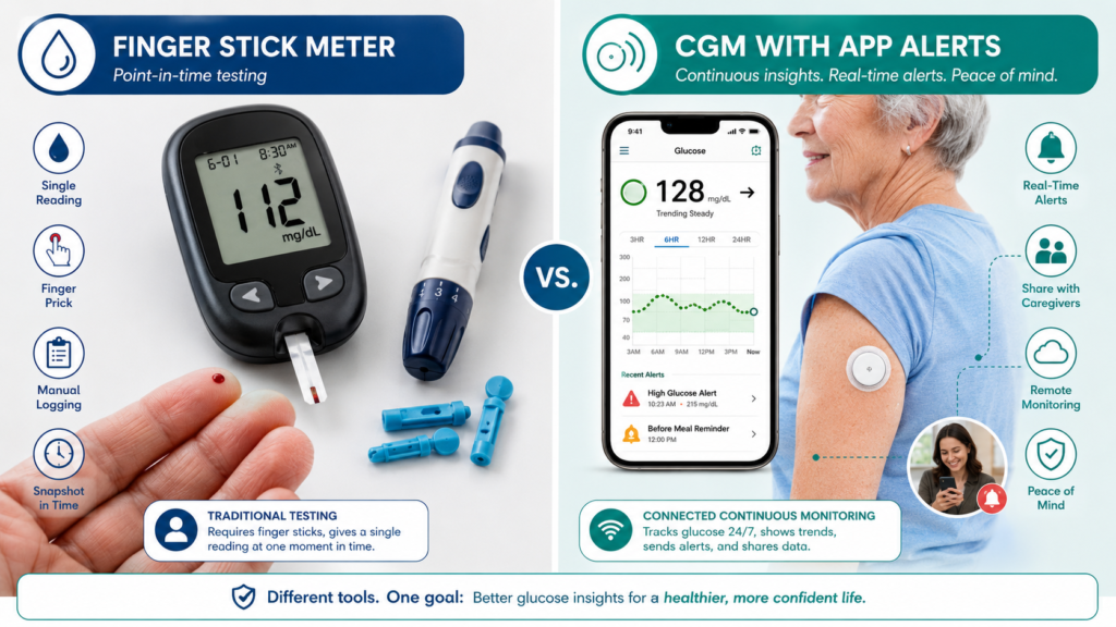 Split-screen comparison of finger stick glucose meter and CGM with app alerts for seniors managing blood sugar at home.