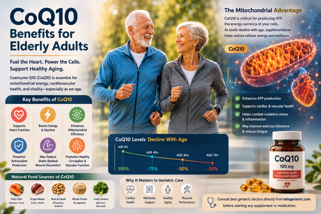 CoQ10 benefits for elderly adults infographic showing mitochondrial energy support, heart health, reduced fatigue, and healthy aging with active senior couple, cardiovascular wellness visuals, and CoQ10 supplement guidance.