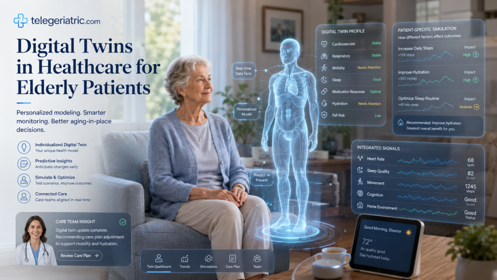 Digital twins in healthcare for elderly patients showing an older adult at home connected to a virtual health model, predictive dashboards, and personalized care planning.