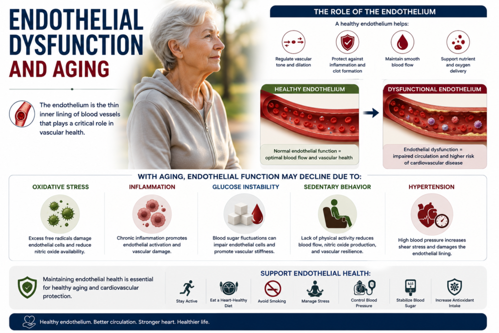 Endothelial dysfunction and aging infographic showing blood vessel lining damage caused by oxidative stress, inflammation, glucose instability, sedentary behavior, and hypertension, with vascular health and circulation support strategies for healthy aging.