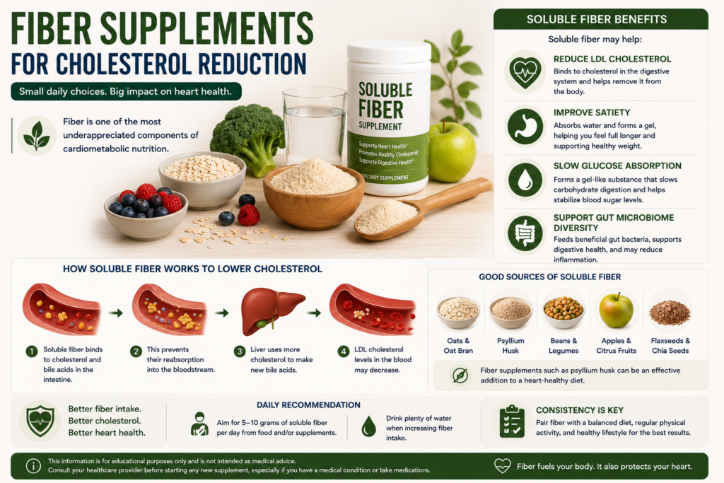 Fiber supplements for cholesterol reduction infographic showing soluble fiber benefits for lowering LDL cholesterol, improving satiety, slowing glucose absorption, and supporting gut microbiome diversity in cardiometabolic nutrition for seniors.