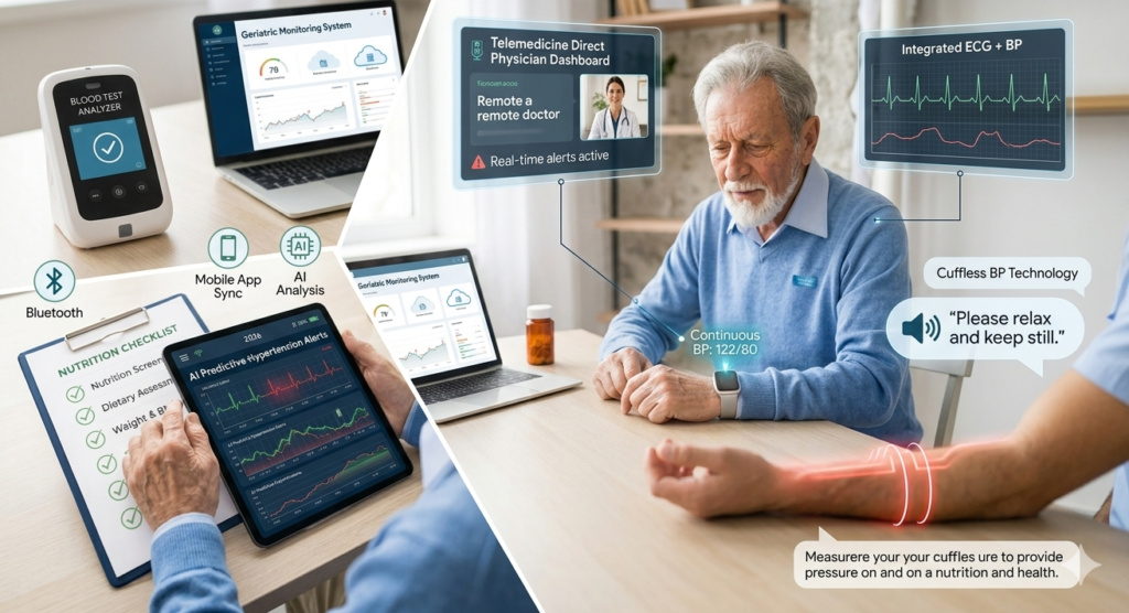 A composite graphic showing modern digital health tools for elderly care, featuring a smartwatch tracker, mobile app sync interface, and a telemedicine physician dashboard.