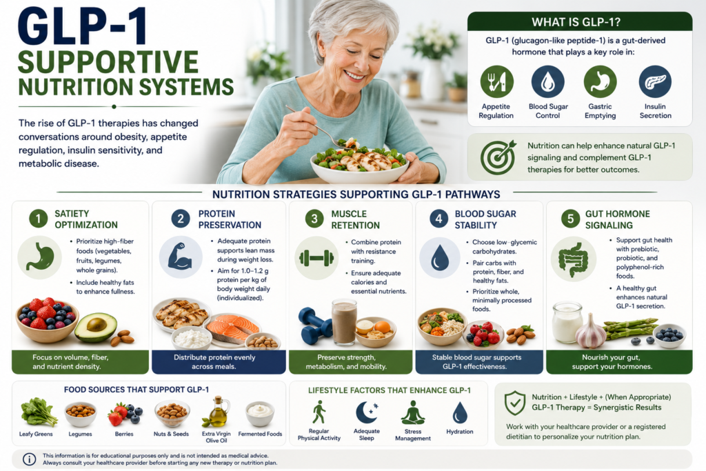 GLP-1 supportive nutrition systems infographic showing elderly woman eating healthy meal with nutrition strategies for satiety optimization, protein preservation, muscle retention, blood sugar stability, gut hormone signaling, and metabolic health support for seniors.