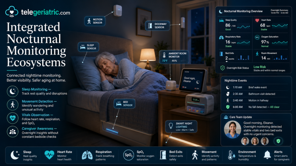Integrated nocturnal monitoring ecosystems showing an older adult sleeping at home with sleep sensors, motion detection, vitals monitoring, bed-exit tracking, and caregiver alerts.