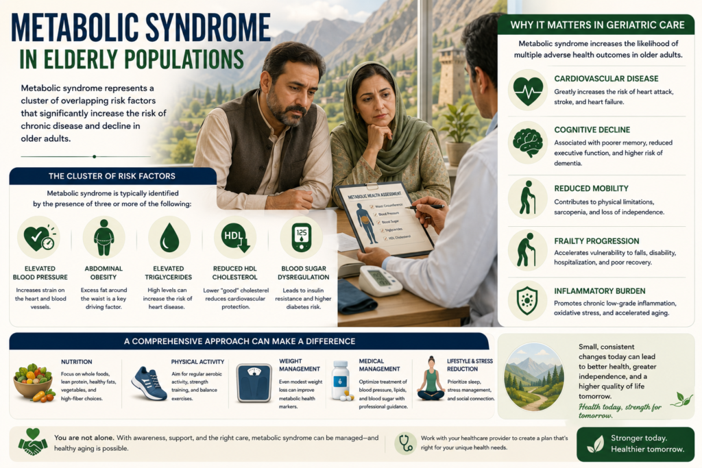 Metabolic syndrome in elderly populations infographic showing senior couple consulting doctor about elevated blood pressure, abdominal obesity, triglycerides, HDL cholesterol, blood sugar dysregulation, cardiovascular disease risk, frailty progression, and healthy aging strategies.