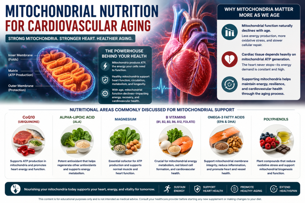 Mitochondrial nutrition for cardiovascular aging infographic showing ATP energy production, heart mitochondria function, CoQ10, alpha-lipoic acid, magnesium, B vitamins, omega-3 fatty acids, and polyphenols supporting healthy aging and cardiovascular health in seniors.