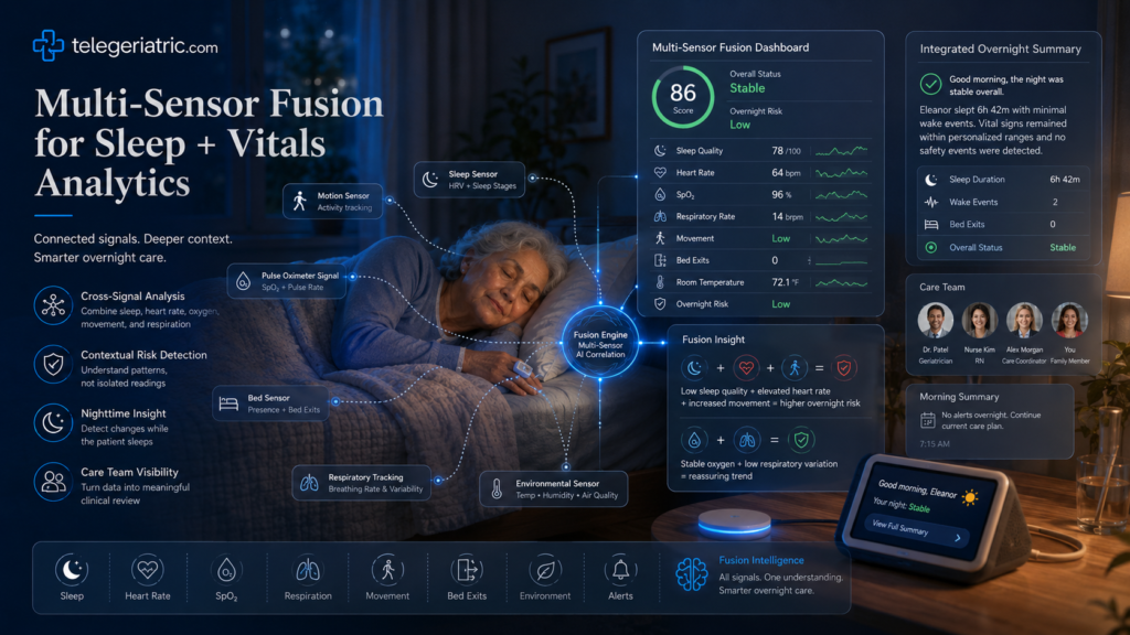 Multi-sensor fusion for sleep and vitals analytics showing an older adult sleeping at home with connected sensors, integrated overnight dashboards, and AI health monitoring insights.