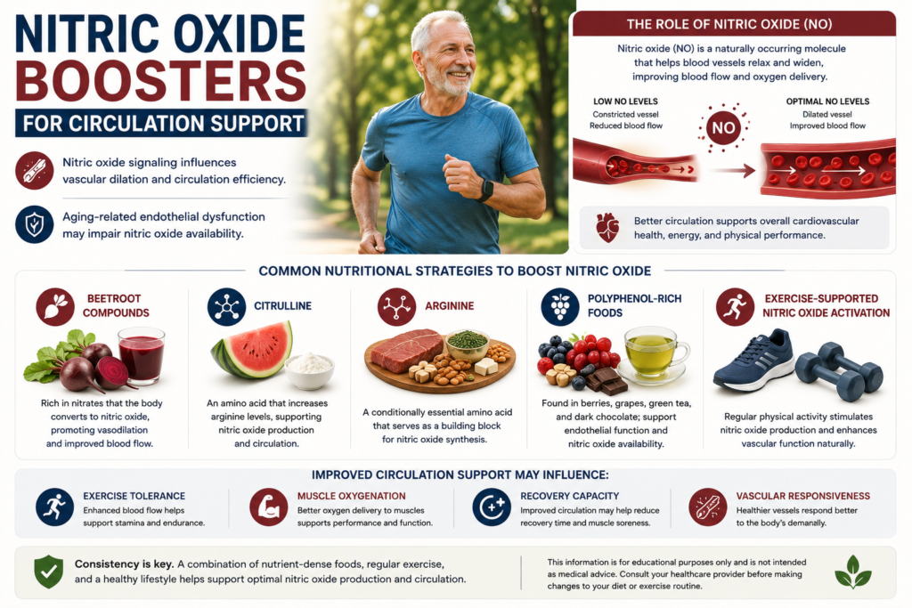Nitric oxide boosters for circulation support infographic showing aging-related endothelial function, blood vessel dilation, beetroot compounds, citrulline, arginine, polyphenol-rich foods, exercise-supported nitric oxide activation, and improved muscle oxygenation in seniors.
