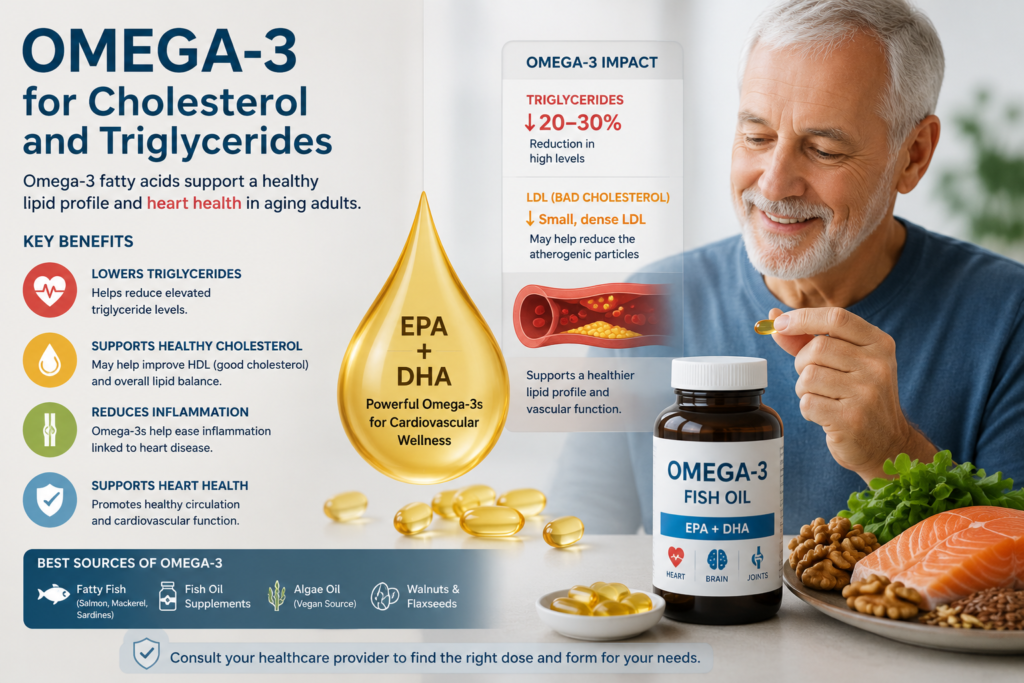 Omega-3 for cholesterol and triglycerides infographic showing elderly man taking fish oil supplements with EPA DHA heart health benefits, triglyceride reduction, circulation support, and cardiometabolic nutrition guidance for seniors.
