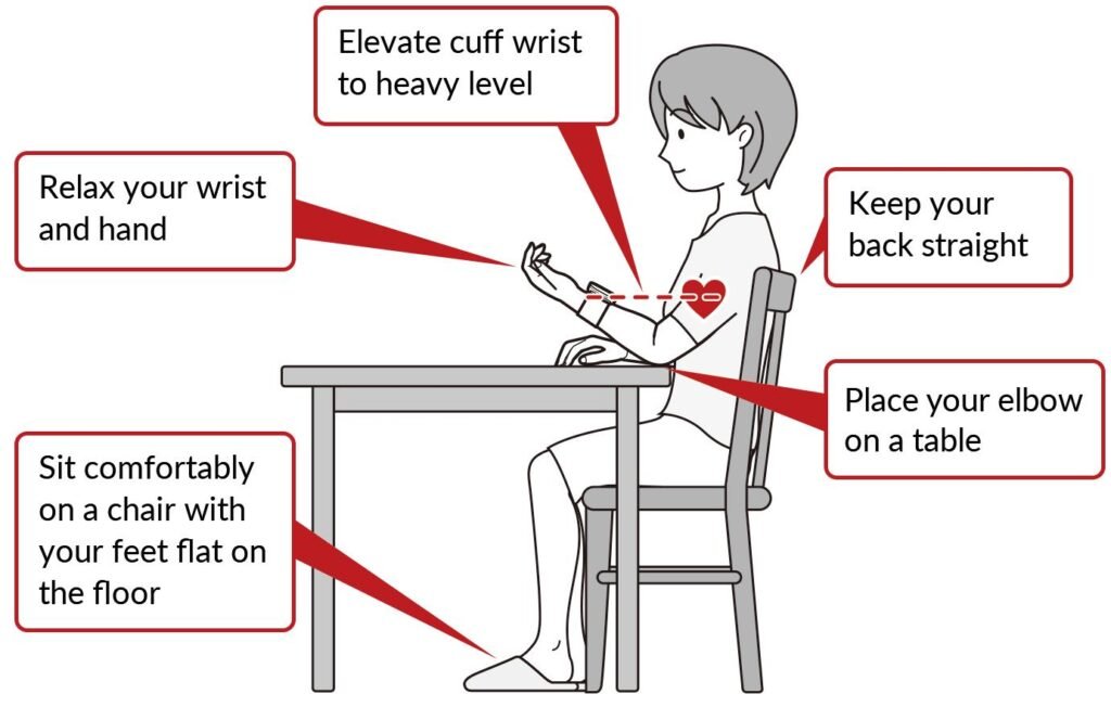 Illustration showing correct posture for home blood pressure monitoring with proper wrist elevation, straight back support, arm positioning, and feet flat on the floor for accurate BP readings at home.