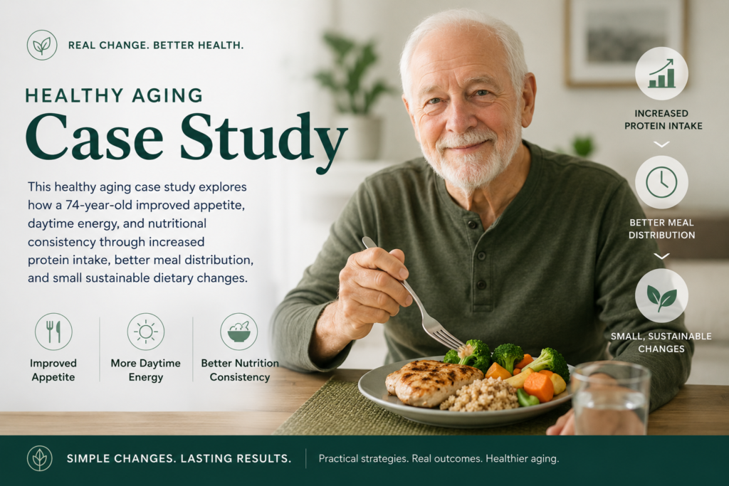 healthy elderly man around age 74 sitting at a dining table with high-protein healthy foods such as eggs, yogurt, fish, soup, and smoothies. The man looks energetic, calm, and healthy in warm natural lighting.
