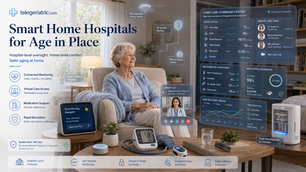 Smart home hospitals for age in place showing an older adult at home with remote monitoring, telehealth access, medication support, fall detection, and connected care dashboards.