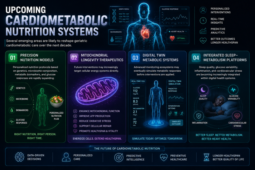 Futuristic cardiometabolic nutrition systems infographic showing precision nutrition models, mitochondrial longevity therapeutics, digital twin metabolic systems, integrated sleep metabolism platforms, glucose monitoring, microbiome analysis, AI-driven longevity health tracking, and personalized metabolic care technology for seniors.