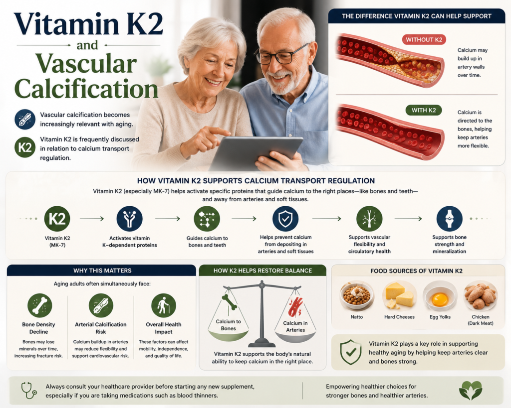Vitamin K2 and vascular calcification infographic showing elderly couple, arterial calcium buildup comparison, bone density support, calcium transport regulation, and healthy aging benefits of vitamin K2 for cardiovascular and bone health.