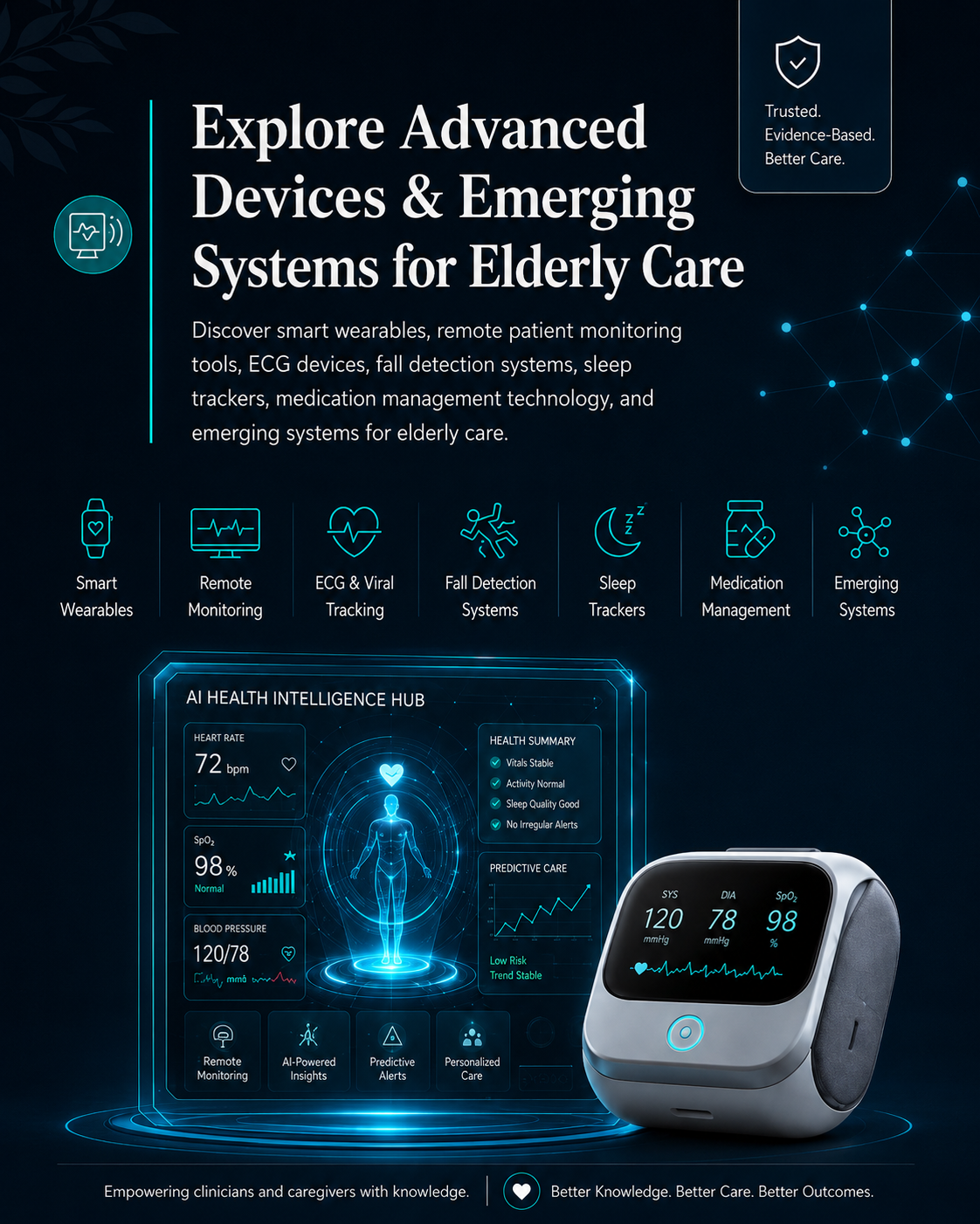Dark futuristic image showing advanced geriatric care devices, an AI health intelligence system, and emerging elderly care technology.