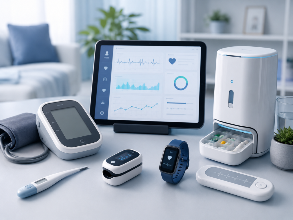 Advanced teleconsultation devices including remote health monitors, wearable tracker, smart medication dispenser, and medical dashboard tablet.