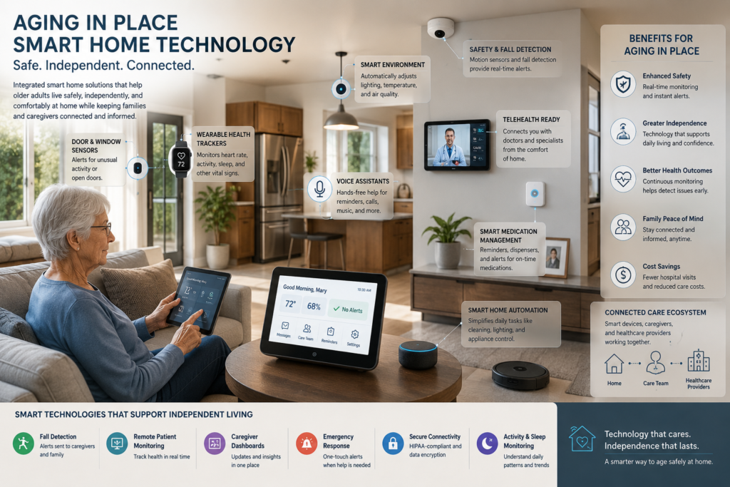 Aging in Place Smart Home Technology for Safe and Independent Senior Living Aging in place smart home technology featuring AI monitoring, fall detection, telehealth, wearable health trackers, medication reminders, and connected devices supporting independent senior living.