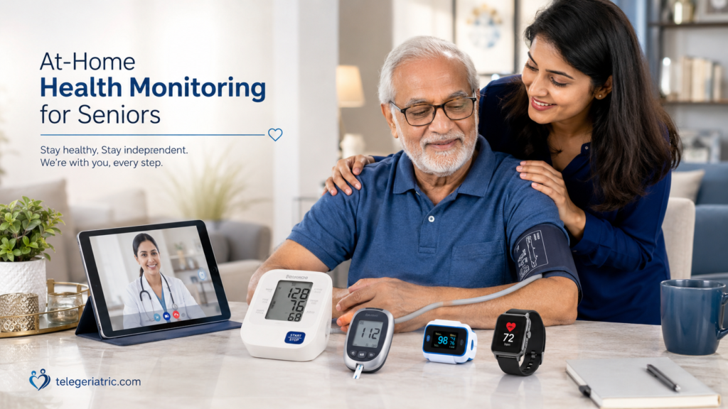 At-home health monitoring for seniors showing an older adult using blood pressure, glucose, oxygen, and heart rate monitoring devices with a telehealth doctor consultation.