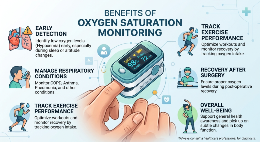 An infographic titled Benefits of Oxygen Saturation Monitoring showing a finger using the best pulse oximeter displaying 98% SpO2. Surrounding icons highlight key benefits: early detection of hypoxemia, managing respiratory conditions, tracking exercise performance, post-surgery recovery, and overall well-being.