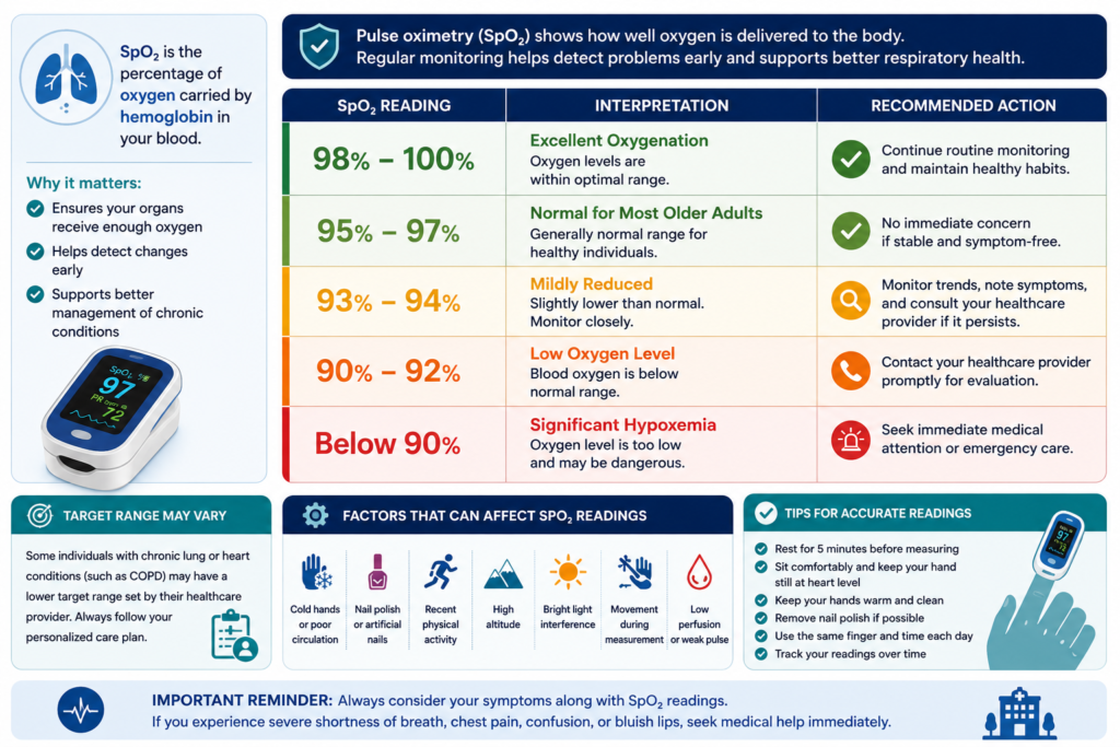 mBlood oxygen monitoring infographic showing normal SpO₂ ranges, blood oxygen level interpretation chart, factors affecting pulse oximeter readings, and tips for accurate oxygen saturation measurement.