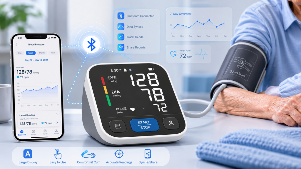 Bluetooth Blood Pressure Monitors for Seniors Bluetooth blood pressure monitor for seniors with large display, upper arm cuff, smartphone app syncing, and easy-to-read health tracking dashboard.