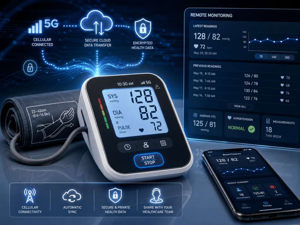 Cellular Remote Blood Pressure Monitors for Connected Home Health Tracking Cellular Remote Blood Pressure Monitors with 5G connectivity, automatic cloud sync, secure health data transfer, and remote blood pressure tracking for home monitoring.