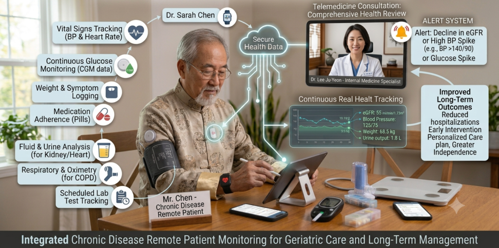 An educational infographic on chronic disease remote patient monitoring featuring an elderly Chinese patient at home tracking vitals with a blood pressure cuff and smart devices, while a Korean doctor appears on a tablet screen for a telemedicine consultation.