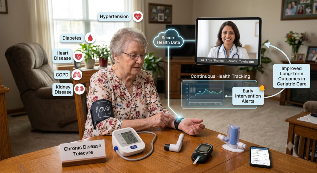An elderly woman using chronic disease telecare devices at home while consulting with a geriatric telehealth doctor on a tablet screen.