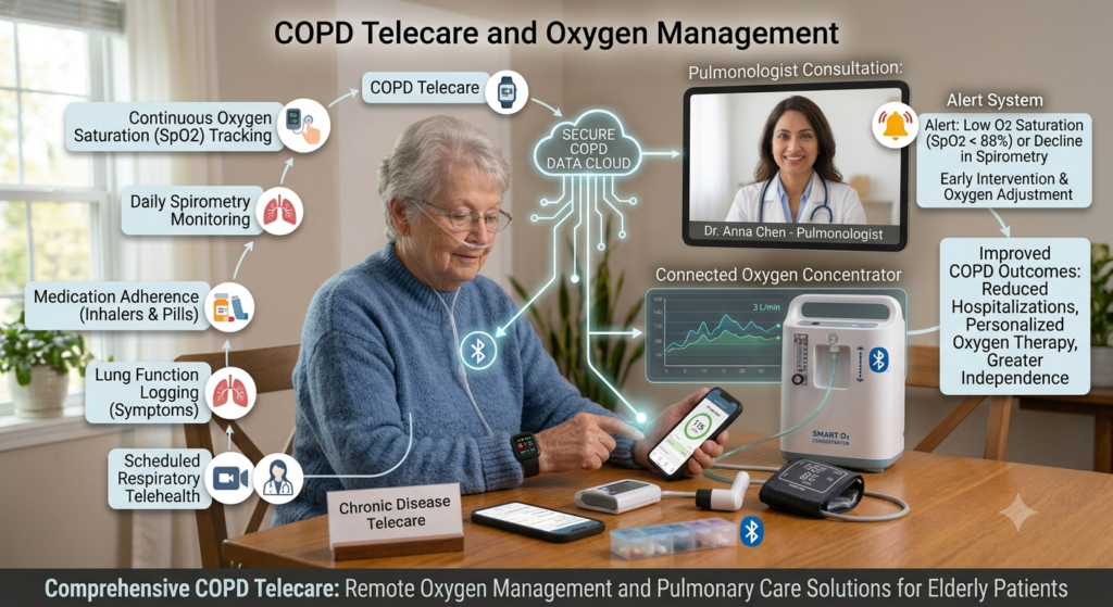 An educational infographic detailing COPD Telecare and Oxygen Management for elderly patients. The visual shows an older woman at a table using a Bluetooth-connected oxygen concentrator and spirometer. Graphic overlays map the data flow from her devices to a secure cloud, a mobile app, and a tablet where a remote pulmonologist provides a telemedicine consultation. Key metrics like continuous O2 saturation tracking, medication adherence, and early intervention alerts are highlighted to improve geriatric care outcomes.
