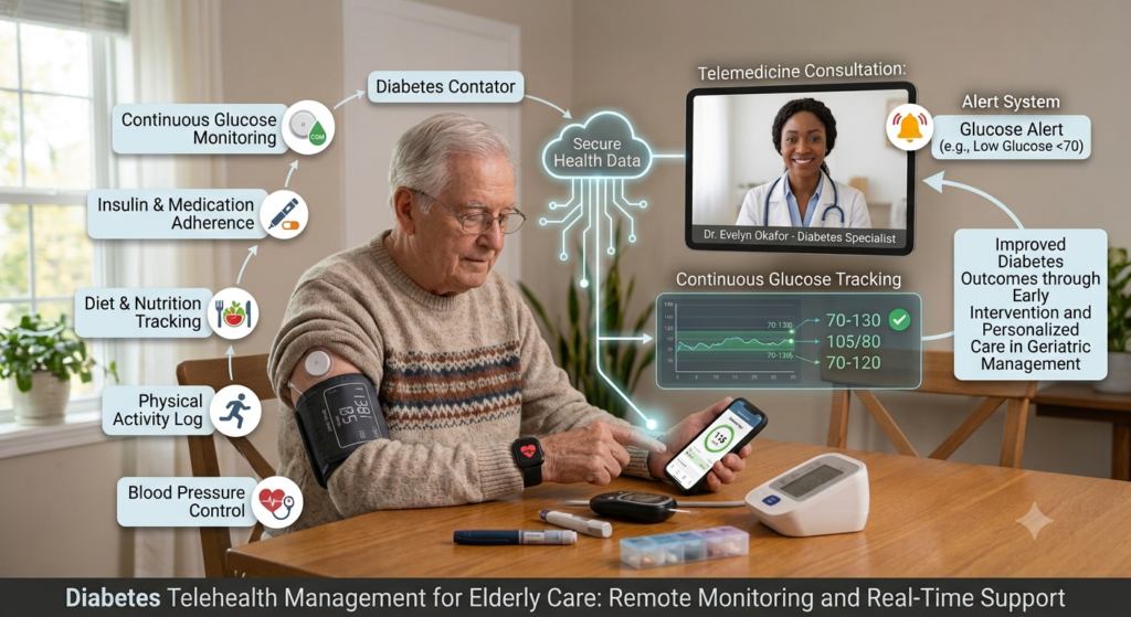 An infographic detailing diabetes telehealth management for elderly care, showing an older man using a continuous glucose monitor (CGM) and smartphone app synced to a secure network, with a tablet displaying a virtual consultation with a diabetes specialist.
