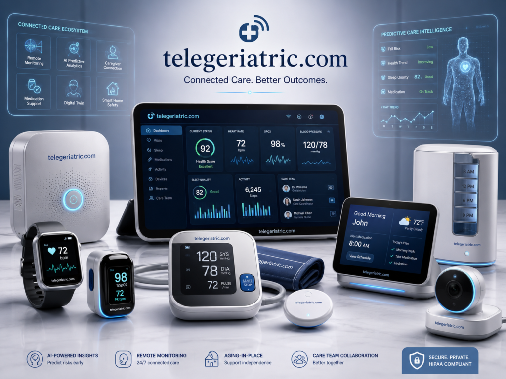 Futuristic emerging system for geriatric care showing predictive AI, digital twins in healthcare, age in place technology, and artificial intelligence in healthcare with connected monitoring devices.