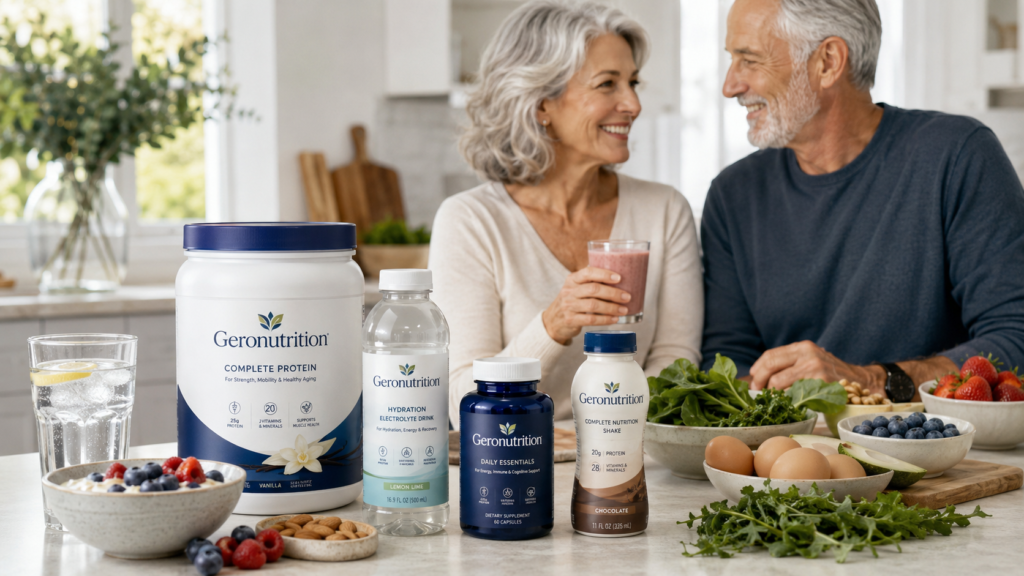 Geronutrition products for longevity displayed with nutritious foods and an older couple in a kitchen, supporting geriatric medicine and geriatric care.