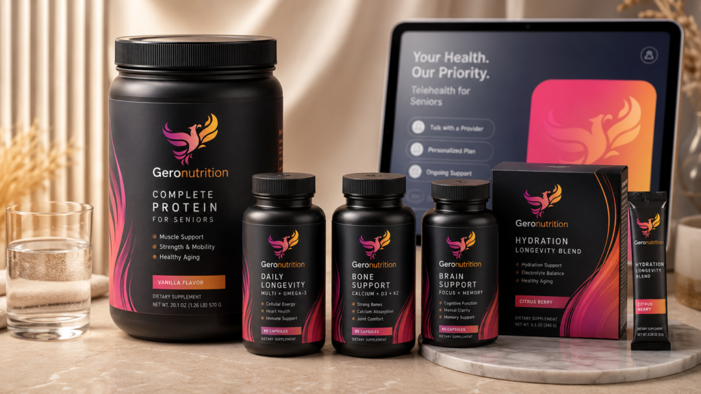 Geronutrition longevity supplements for seniors displayed with protein, hydration, bone support, brain support, and daily wellness products beside a telehealth screen.
