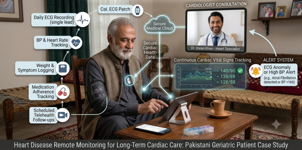 An educational medical infographic detailing heart disease remote monitoring, showing an elderly Pakistani man wearing a digital cardiac patch and checking his blood pressure, alongside a tablet displaying a virtual consultation with a cardiologist and vital signs tracking charts.