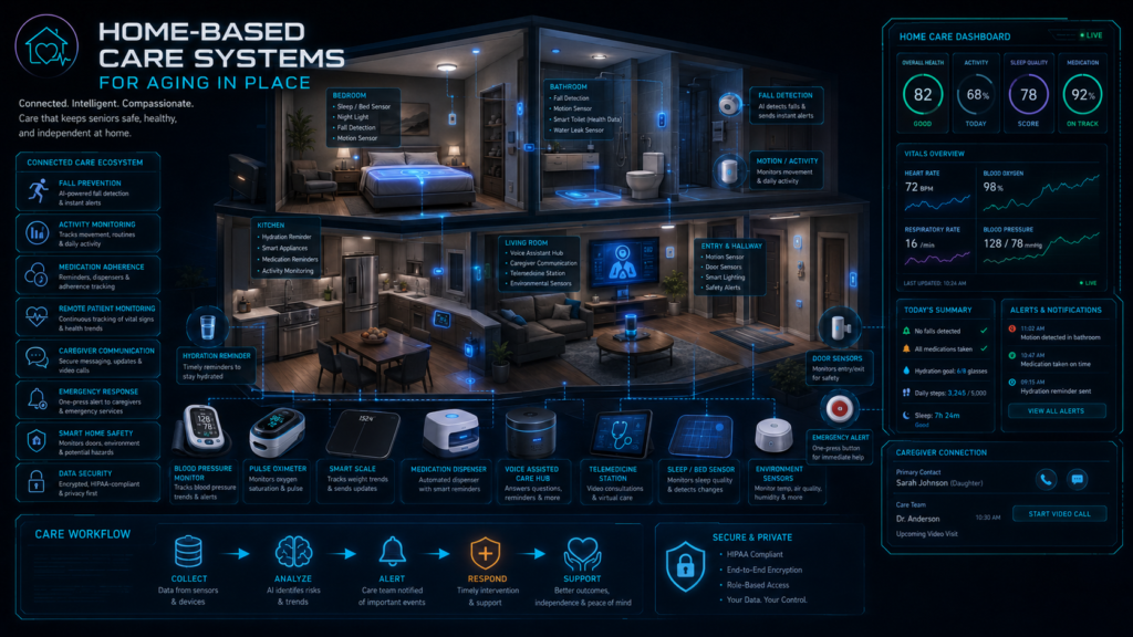 Smart home interior showing home-based care systems for aging in place with remote patient monitoring, fall detection, medication reminders, caregiver alerts, and virtual care dashboard.