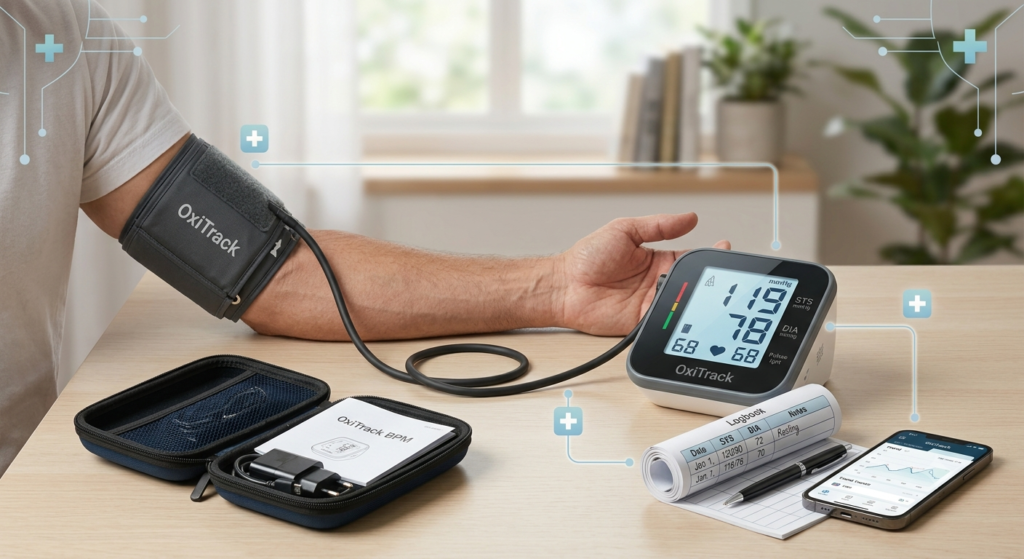 Using the OxiTrack Home Blood Pressure Monitor for Daily Tracking An adult’s upper arm wearing an OxiTrack home blood pressure monitor cuff connected to a digital monitor displaying 119/78 mmHg on a table.