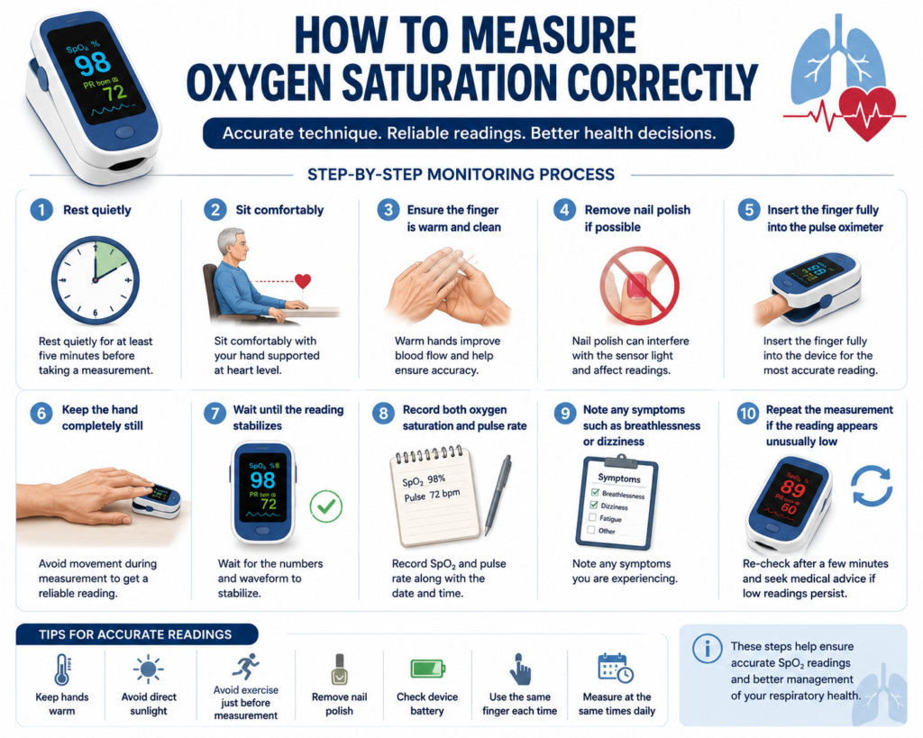 Step-by-step infographic showing how to measure oxygen saturation correctly with a pulse oximeter, including proper finger placement, resting before measurement, and recording SpO₂ readings.
