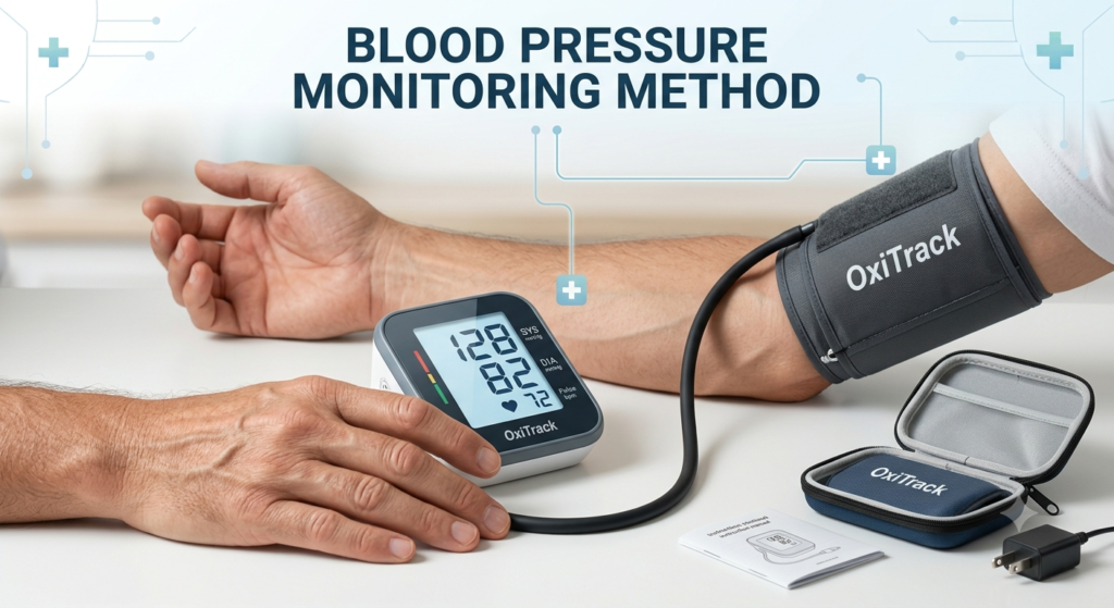 Comprehensive Guide on How to Monitor Blood Pressure at Home A comprehensive medical infographic titled "GUIDE: how to monitor blood pressure at home ". It provides a step-by-step guide for using an OxiTrack digital blood pressure monitor, alongside steps for a finger-stick blood glucose test. The visual details proper positioning (Step 2: rest 5 minutes, cuff at heart level), recording techniques (Step 3: use a logbook or app sync), and includes a sample home log chart.
