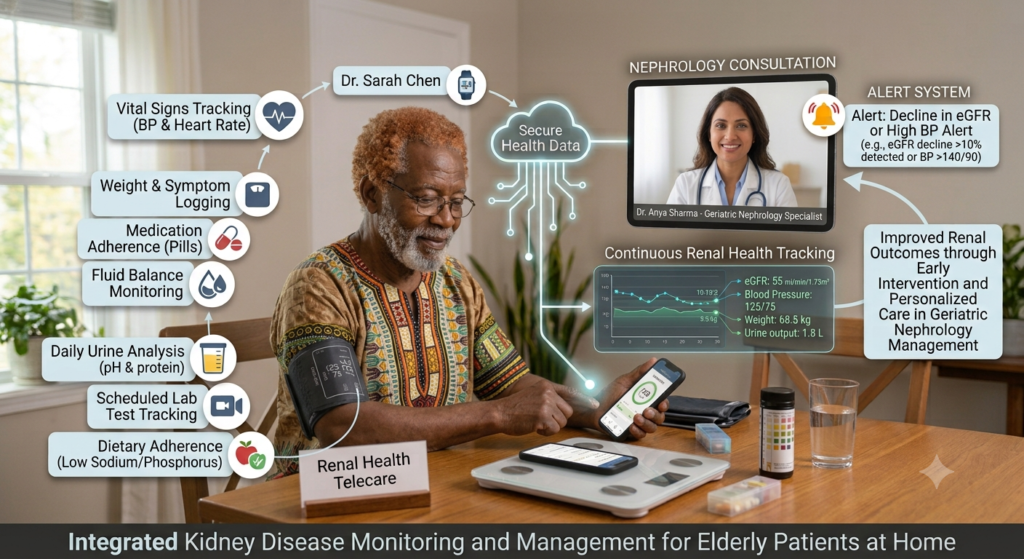 An infographic illustrating a comprehensive system for Kidney Disease Monitoring in Elderly Patients. It shows an elderly woman at home using connected devices (blood pressure cuff, scale, smart watch, phone) to track metrics like eGFR and fluid balance. A digital overlay shows data flowing to a secure cloud and a tablet displaying a video consultation with a nephrologist. Key features like alert systems, medication adherence, and dietary tracking are highlighted.