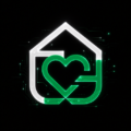TeleGeriatric logo sign featuring a futuristic smart home healthcare emblem with a heart, integrated TG monogram, green technology effects, and connected geriatric telemedicine branding on a black background.