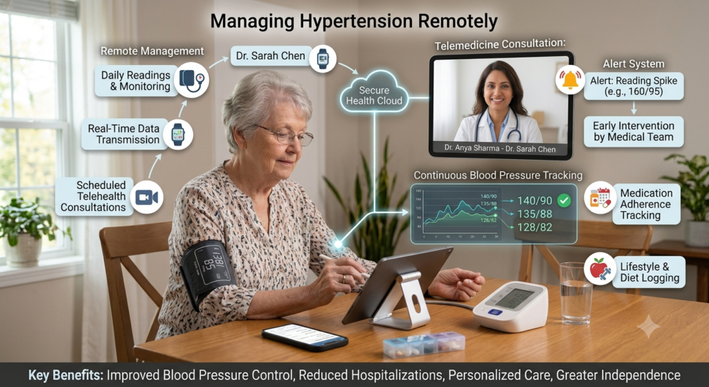 An infographic illustrating managing hypertension remotely, showing an elderly woman checking her blood pressure with a smart monitor that syncs data to a secure cloud, alongside a tablet displaying a telemedicine consultation and continuous blood pressure tracking charts.