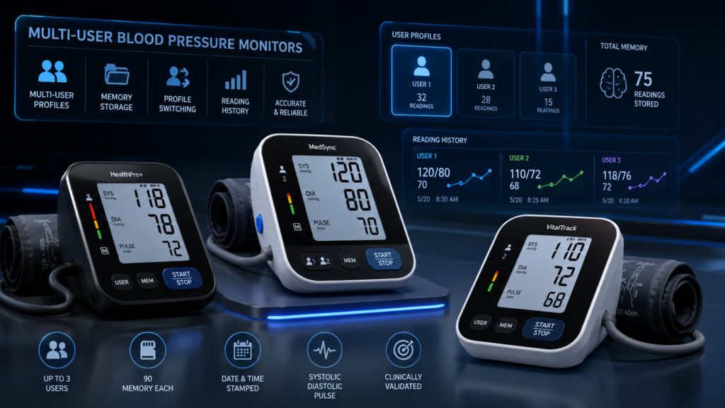 Multi-User Blood Pressure Monitors for Shared Home BP Tracking Multi-user blood pressure monitors with separate user profiles, memory storage, reading history, cuff designs, and digital BP tracking for shared senior households.