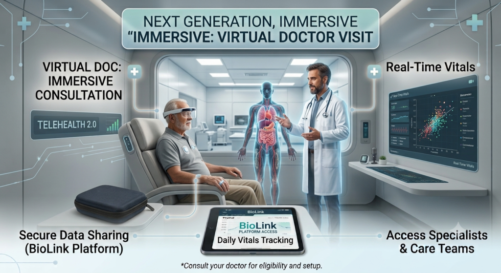Next-Generation Immersive Virtual Doctor Visit An advanced healthcare infographic titled "Next Generation, Immersive Virtual Doctor Visit". A senior man wearing an AR headset sits in a futuristic chair, experiencing a holographic consultation with a digital doctor standing beside a 3D medical body scan. A tablet in the foreground displays the BioLink Platform for daily vitals tracking.
