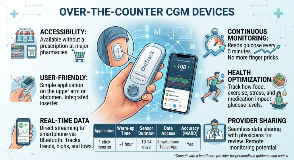 Guide to Over-the-Counter Continuous Glucose Monitoring Devices An infographic titled Over-the-Counter CGM Devices, illustrating the benefits of continuous glucose monitoring devices. It displays a smartphone app tracking glucose levels at 108 mg/dL alongside an arm patch sensor. Featured benefits include retail accessibility, real-time data streaming via Bluetooth, health optimization, and provider sharing.