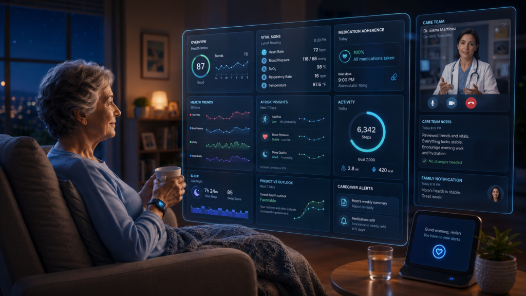 Predictive AI Geriatric Care Dashboard for Senior Health Monitoring Predictive AI geriatric care dashboard showing senior health trends, vital signs, fall risk, medication adherence, caregiver alerts, and virtual doctor support at home.