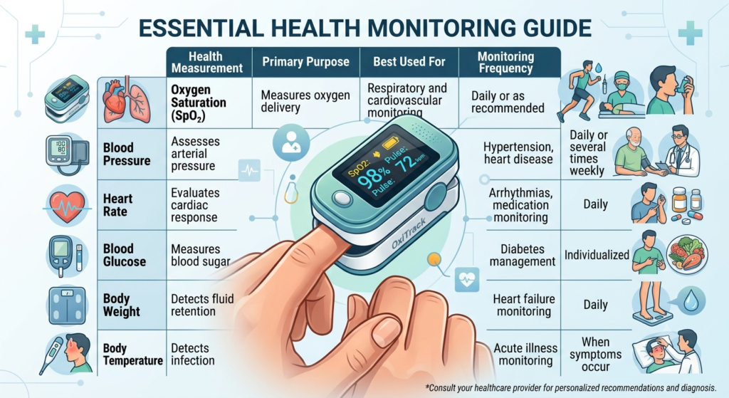 Infographic comparing vital signs measurements, clarifying differences between a pulse oximeter vs oxygen monitor. A finger in a pulse oximeter shows 98% SpO2. The guide lists purpose, uses, and frequency for oxygen saturation, blood pressure, heart rate, blood glucose, body weight, and body temperature.